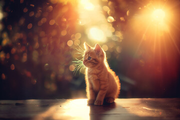Adorable orange young kitty cat and lens flare and vintage bokeh on a sunny day - obrazy, fototapety, plakaty