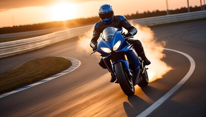 rear view of a biker on a sports racing motorcycle, standing on the side of the road ready to hit...