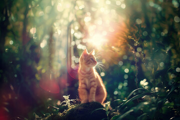 Adorable orange young kitty cat and lens flare and vintage bokeh on a sunny day in the forest - obrazy, fototapety, plakaty