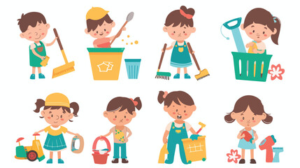 Children helper Kid cleaning toys. Vector illustration