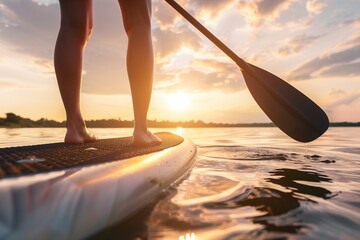 Close up of a woman's legs standing on a paddleboard with a blue oar in lake at sunrise, the warm sunlight over the calm water and creating a serene atmosphere with mountains visible in the background