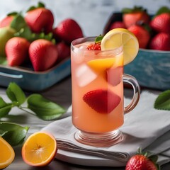 A refreshing strawberry peach lemonade with a strawberry, peach, and lemon garnish5