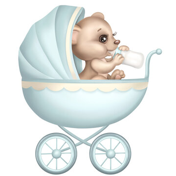 Cute Baby boy Pram with Teddy bear in vintage style. Retro kid Stroller in cute pastel blue colors. Cartoon Newborn Carriage hand drawn Illustration.