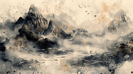 Enter the realm of traditional Chinese ink landscape artwork reimagined through Generative AI, landscapes.