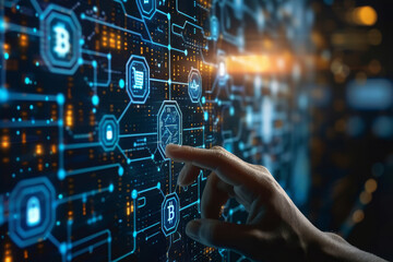 Futuristic Cryptocurrency Interface Touch Interaction.