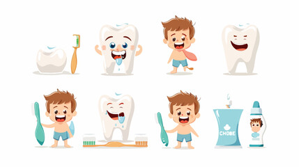 Children tooth hygiene icon set. Happy baby with health