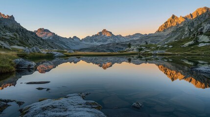 Fototapeta na wymiar Calm mountain lake reflecting the sunset in the mountains