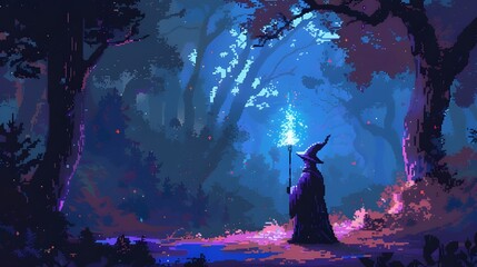 pixel art background of Legendary Sorcerer Conjured in Lush Woods