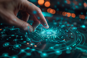 Close-up of a hand interacting with a futuristic blue holographic interface displaying various digital symbols and graphs.