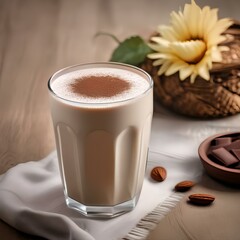A glass of creamy sunflower almond milk with a sprinkle of cocoa powder2 - obrazy, fototapety, plakaty