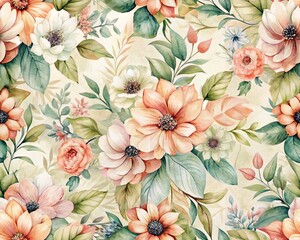 watercolor flowers and leaves, seamless, soft pastel hues