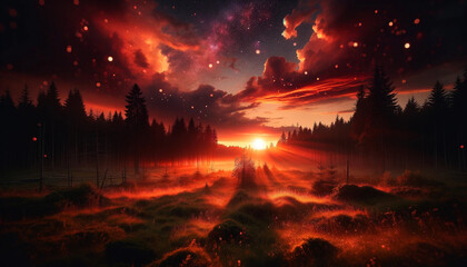 Fiery Sunset Over a Mystical Forest Clearing Invites Awe - 786919924