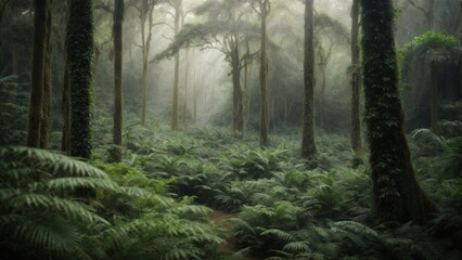 High-resolution image of a green, foggy, and misty rain forest full of vegetation. 