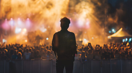 Fototapeta premium a performer, music artist in front of crowd on a huge stage, at a summer music festival