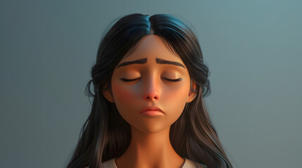 Sad upset disappointed depressed indian cartoon character girl young woman female person with closed eyes in 3d style design on light background. Human people feelings expression concept