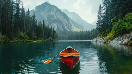Foto op Canvas Canoeing on a forest lake in the mountains © Ammar