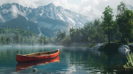 Canoeing on a forest lake in the mountains