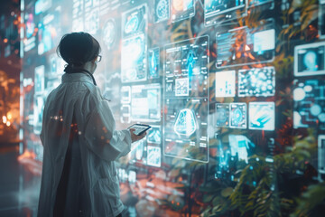 A healthcare worker in protective gear examines detailed digital health data on an interactive virtual display in a modern medical facility.. - obrazy, fototapety, plakaty