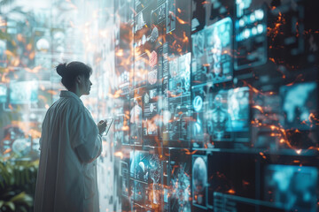 A healthcare worker in protective gear examines detailed digital health data on an interactive virtual display in a modern medical facility..