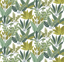Vector surface design with flat hand drawn plants bushes on a white background. Botanical seamless pattern for fabrics, wallpaper and clothing. Texture with various leaves and stems with foliages - 786920361