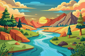 Fototapeta na wymiar River Landscape cartoon vector Illustration flat style artwork concept 