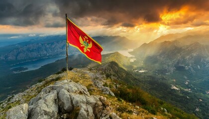 The Flag of Montenegro On The Mountain. - obrazy, fototapety, plakaty