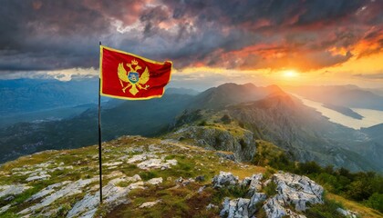 The Flag of Montenegro On The Mountain.