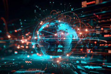Fototapeta premium Digital representation of a glowing global network showcasing international connectivity and data exchange across the world.
