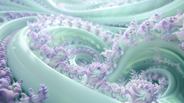 3D fractals unfurl in pastel lavenders and mints, evoking spring's softness.