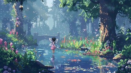 pixel art view of beautiful lake with little fairy wandering in it