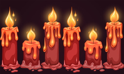 Vector festive border of cartoon candles with lights on dark background. Holiday and joy. Horizontal frieze with red wax candles for mobile games, condolence letters and invitations