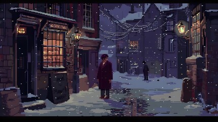 pixel art night view of an old man patroling in village