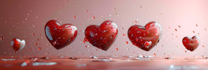blood drop on a blood,
Four Red Hearts Falling on Light Background