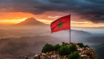 Rolgordijnen The Flag of Morocco On The Mountain. © Daniel