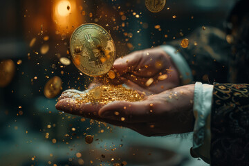 Close-up of a hand holding a bright, glowing Bitcoin among sparkling gold dust, symbolizing digital wealth and cryptocurrency investment.