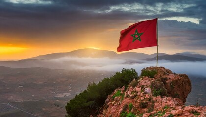 The Flag of Morocco On The Mountain.