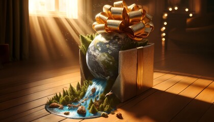 An image of Earth wrapped up as a gift, with a bow being untied and the environment spilling out.