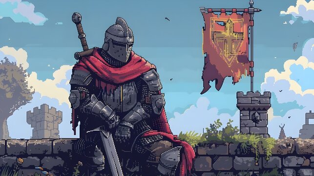 pixel art photo of guard siting on the city wall