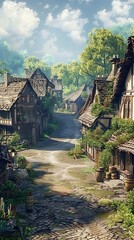 A charming medieval village with cobblestone streets, thatched-roof cottages, and villagers going about their daily lives in a picturesque countryside setting - obrazy, fototapety, plakaty