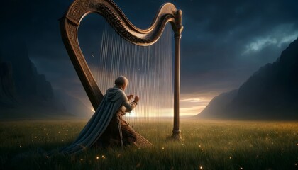 In an expansive, softly-lit meadow under a twilight sky, a character dressed in a timeless, rustic outfit is attentively tuning a giant harp.