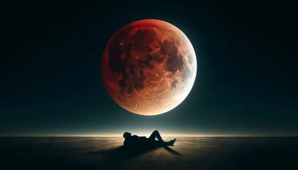 A high-quality image showing a person's silhouette lying on the ground, observing a lunar eclipse.