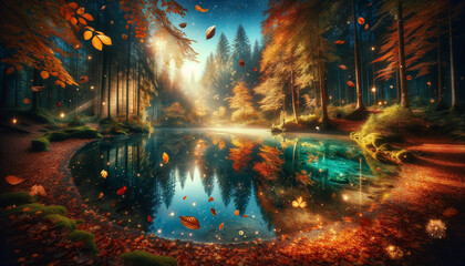 Mystical Blue Pond Reflecting a Dreamlike Enchanted Forest - obrazy, fototapety, plakaty