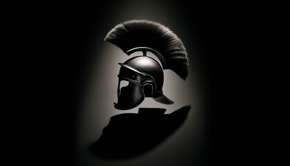 A Roman helmet's profile against a black background, with a shadow that dramatically projects onto the wall behind it.
