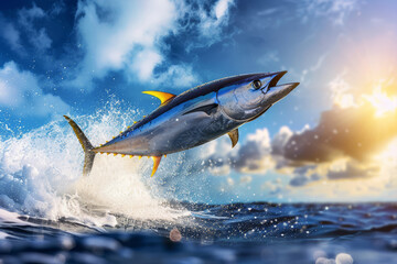 Fototapeta premium tuna fish bursts energetically from the ocean, silhouetted against a golden sunset, surrounded by sparkling water droplets.