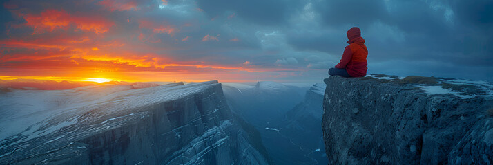 sunset in the mountains,
Man Sits at the End of Trolltunga Before the Mountains - obrazy, fototapety, plakaty