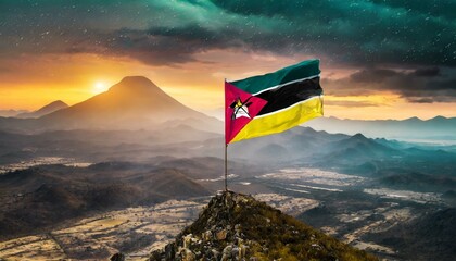 The Flag of Mozambique On The Mountain. - obrazy, fototapety, plakaty