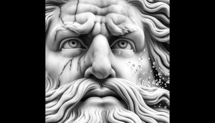 A classical sculpture-style image showing a close-up of Neptune's intense gaze and flowing beard, with droplets of water glistening like diamonds on h.