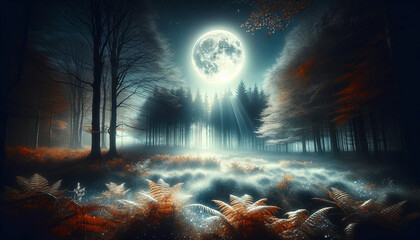 Full Moon's Luminescence Over a Frosted, Misty Forest Landscape - 786921772