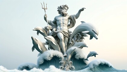An image depicting the god Neptune standing atop a giant wave, trident in hand, with dolphins leaping around him.