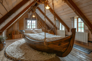 A big boat shaped bed in a large room hanging from the roof with wooden ropes.